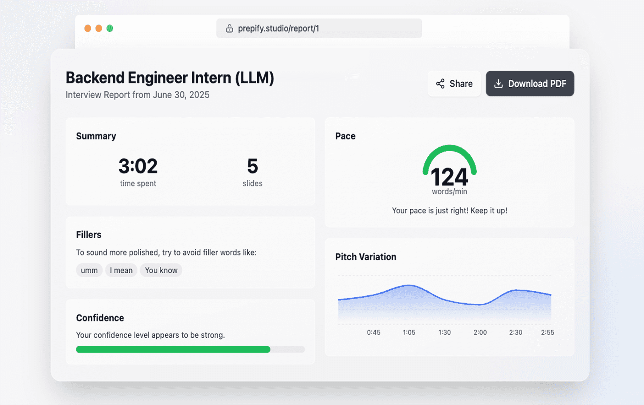 Prepify dashboard showing AI-generated interview feedback and progress tracking for the user