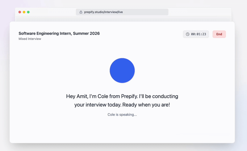 User practicing a realistic voice interview with Prepify AI, answering questions in a natural conversation style
